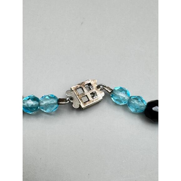 Vintage Turquoise & Black Glass Bead Necklace w/Sterling Silver Clasp - Picture 6 of 11